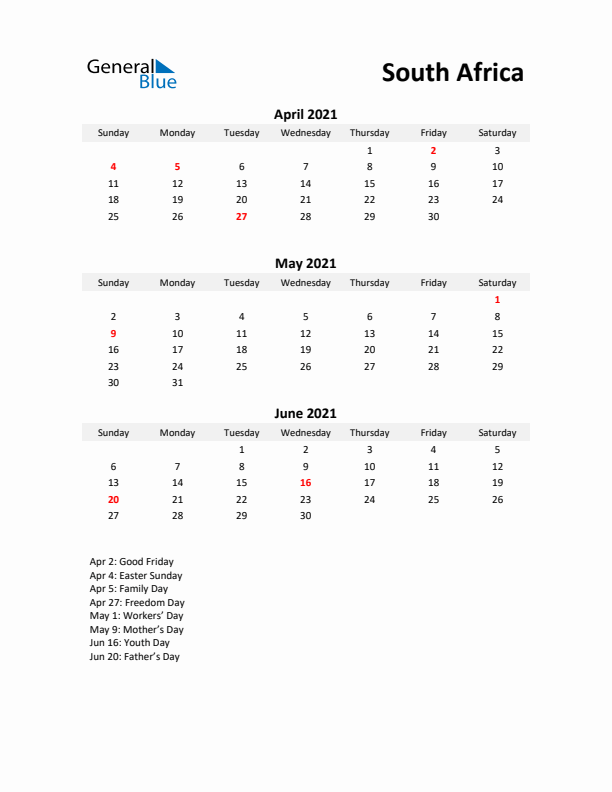 Printable Quarterly Calendar with Notes and South Africa Holidays- Q2 of 2021