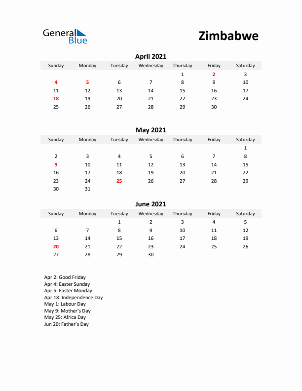 Printable Quarterly Calendar with Notes and Zimbabwe Holidays- Q2 of 2021