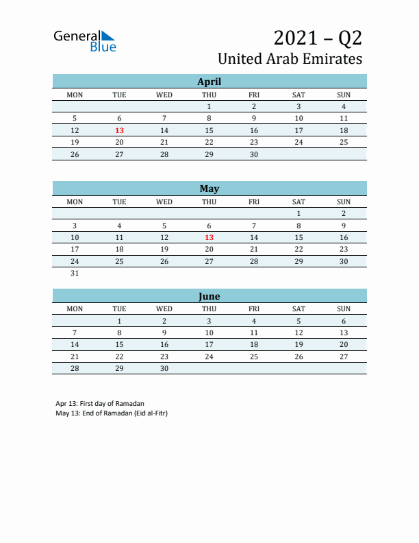 Three-Month Planner for Q2 2021 with Holidays - United Arab Emirates