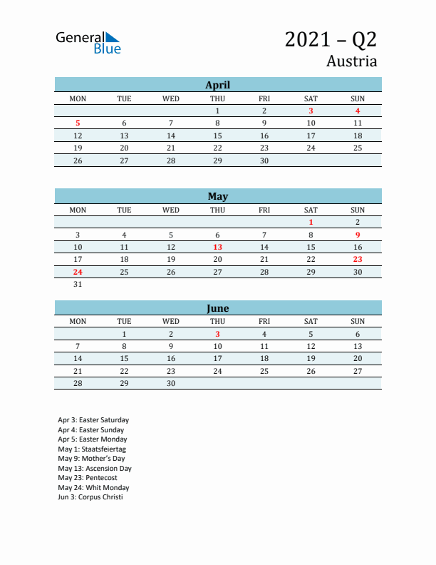 Three-Month Planner for Q2 2021 with Holidays - Austria