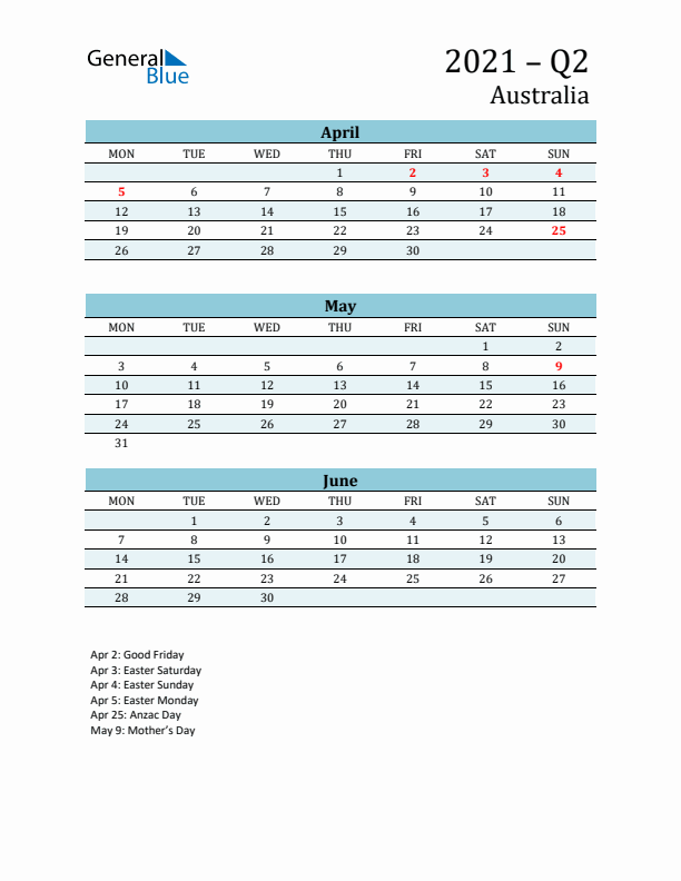 Three-Month Planner for Q2 2021 with Holidays - Australia