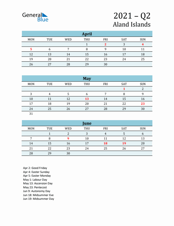 Three-Month Planner for Q2 2021 with Holidays - Aland Islands