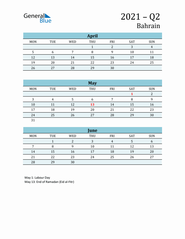 Three-Month Planner for Q2 2021 with Holidays - Bahrain