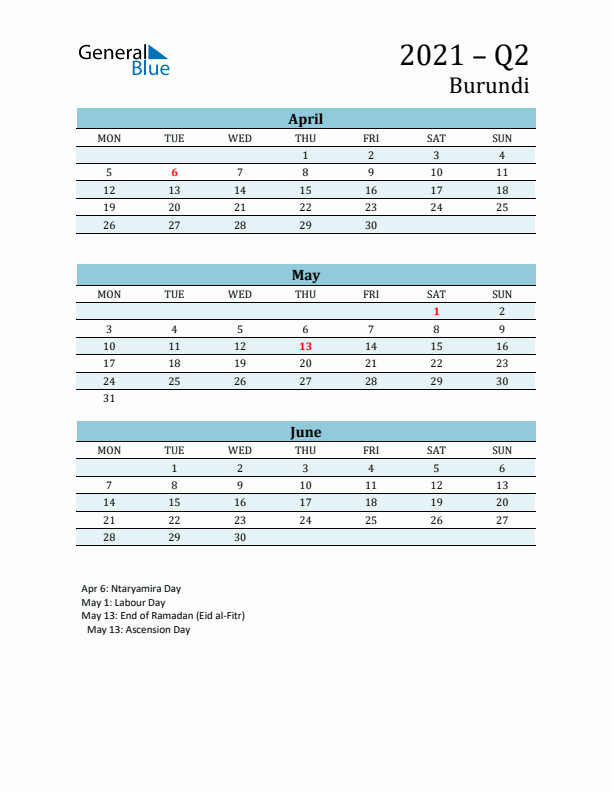 Three-Month Planner for Q2 2021 with Holidays - Burundi