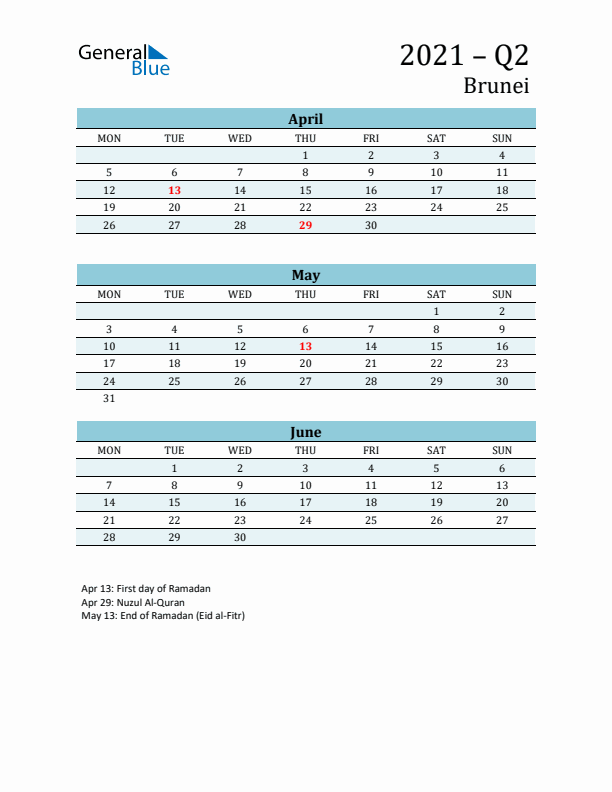 Three-Month Planner for Q2 2021 with Holidays - Brunei