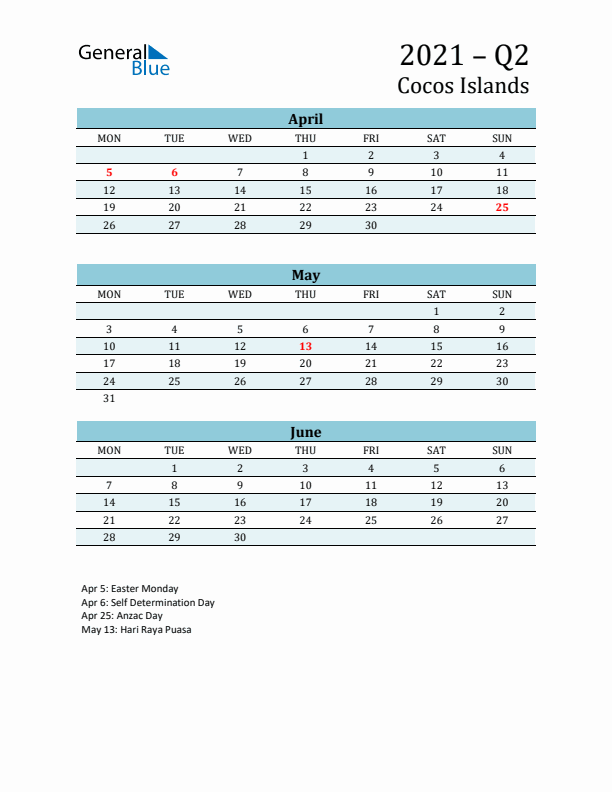 Three-Month Planner for Q2 2021 with Holidays - Cocos Islands