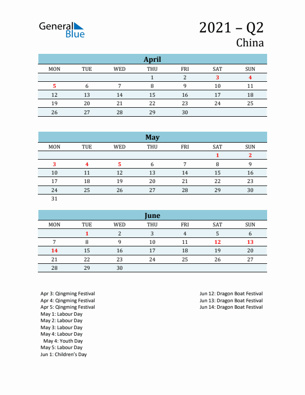 Three-Month Planner for Q2 2021 with Holidays - China