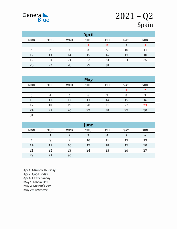 Three-Month Planner for Q2 2021 with Holidays - Spain