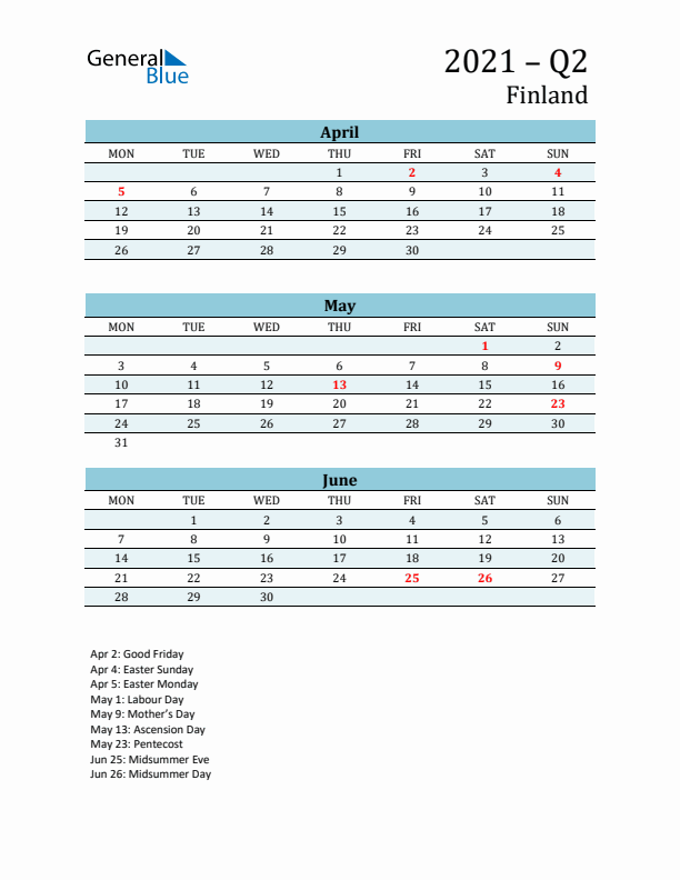 Three-Month Planner for Q2 2021 with Holidays - Finland