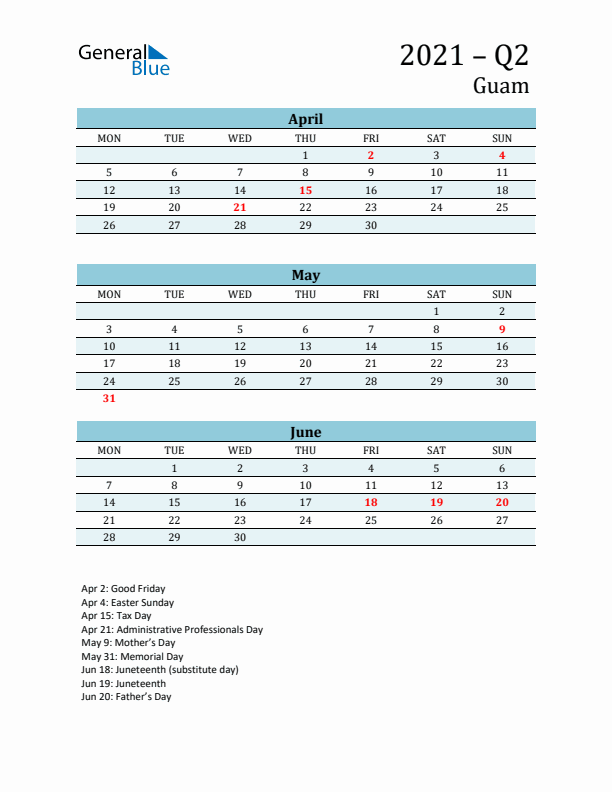 Three-Month Planner for Q2 2021 with Holidays - Guam