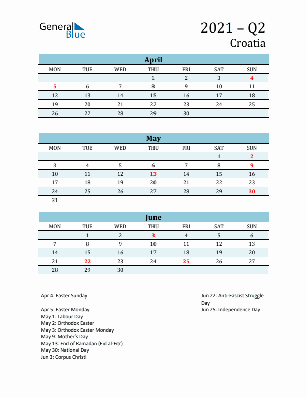 Three-Month Planner for Q2 2021 with Holidays - Croatia