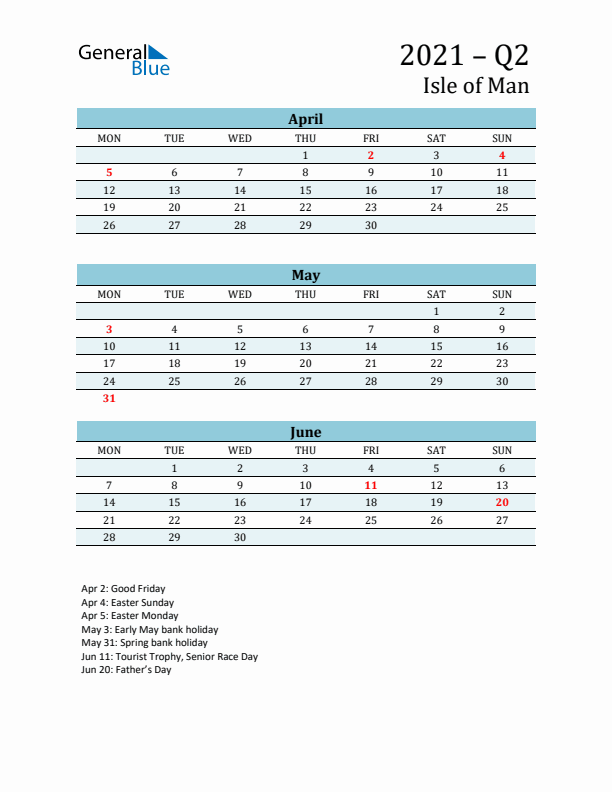 Three-Month Planner for Q2 2021 with Holidays - Isle of Man