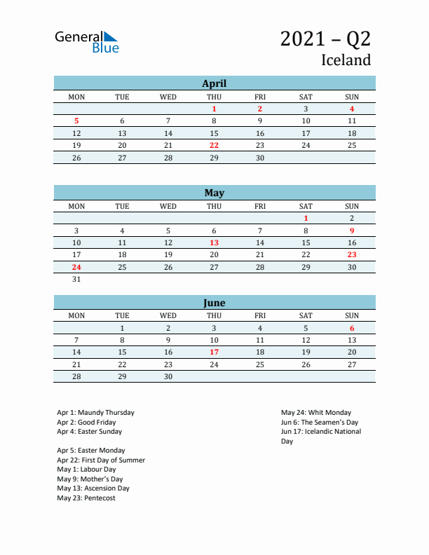 Three-Month Planner for Q2 2021 with Holidays - Iceland