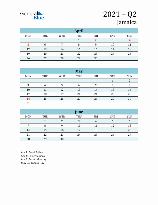 Three-Month Planner for Q2 2021 with Holidays - Jamaica