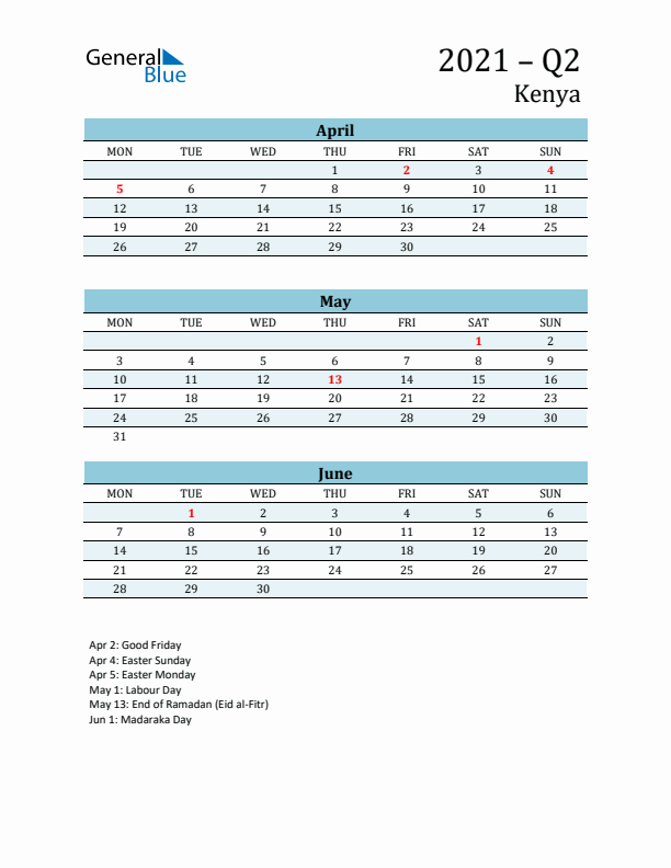 Three-Month Planner for Q2 2021 with Holidays - Kenya