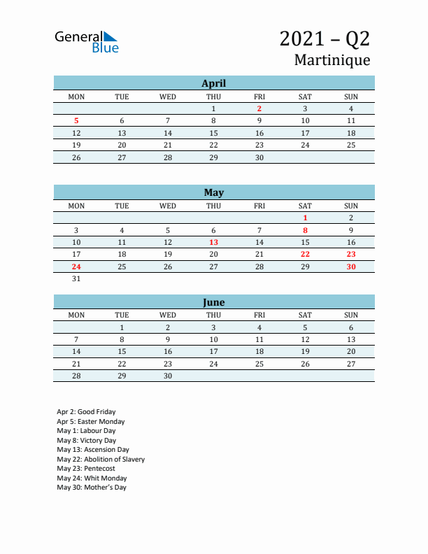 Three-Month Planner for Q2 2021 with Holidays - Martinique