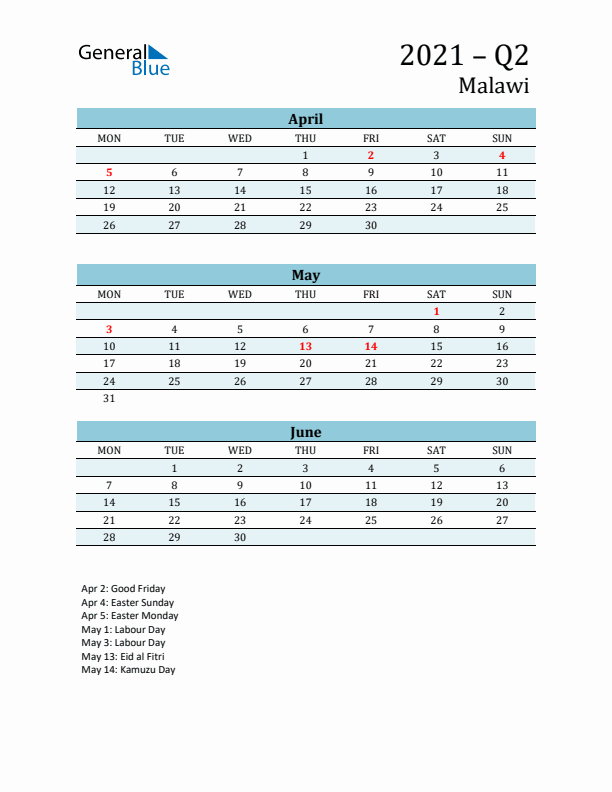 Three-Month Planner for Q2 2021 with Holidays - Malawi