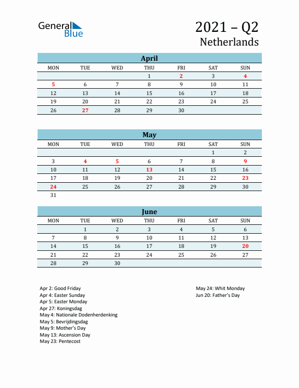 Three-Month Planner for Q2 2021 with Holidays - The Netherlands