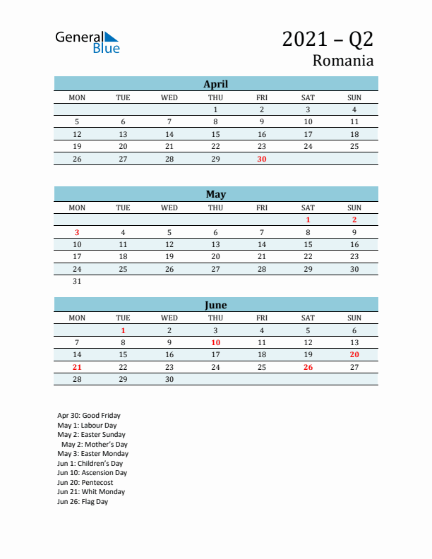 Three-Month Planner for Q2 2021 with Holidays - Romania