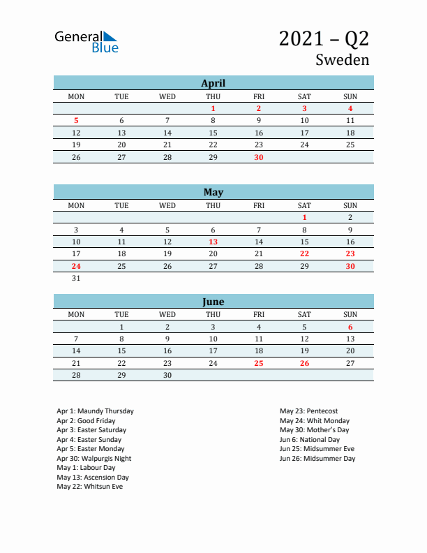 Three-Month Planner for Q2 2021 with Holidays - Sweden