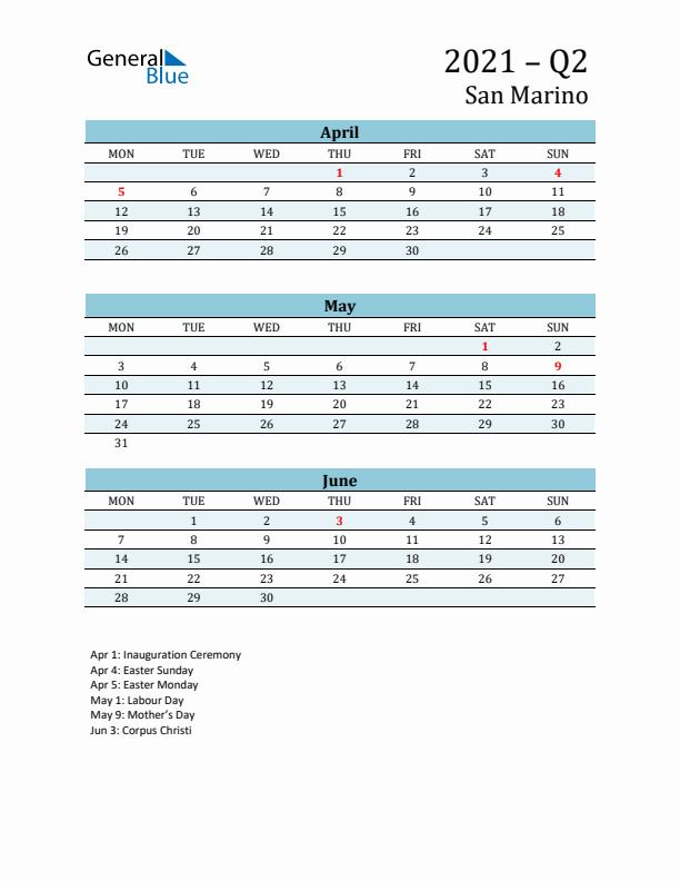 Three-Month Planner for Q2 2021 with Holidays - San Marino