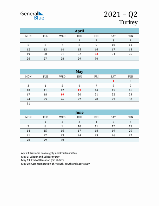 Three-Month Planner for Q2 2021 with Holidays - Turkey