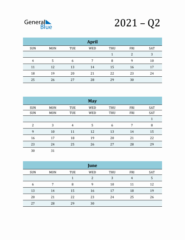 April, May, and June 2021 Calendar