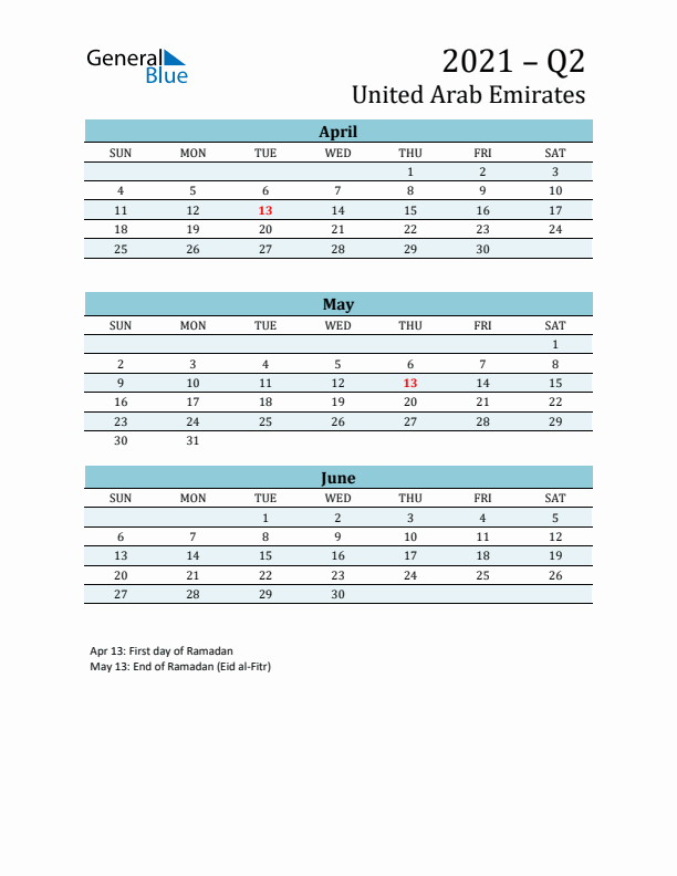 Three-Month Planner for Q2 2021 with Holidays - United Arab Emirates