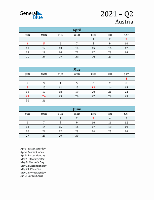 Three-Month Planner for Q2 2021 with Holidays - Austria