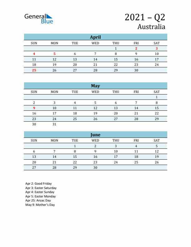 Three-Month Planner for Q2 2021 with Holidays - Australia