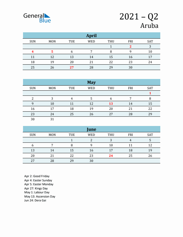 Three-Month Planner for Q2 2021 with Holidays - Aruba