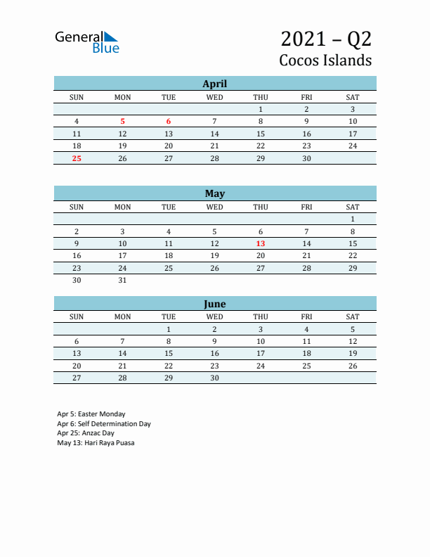 Three-Month Planner for Q2 2021 with Holidays - Cocos Islands