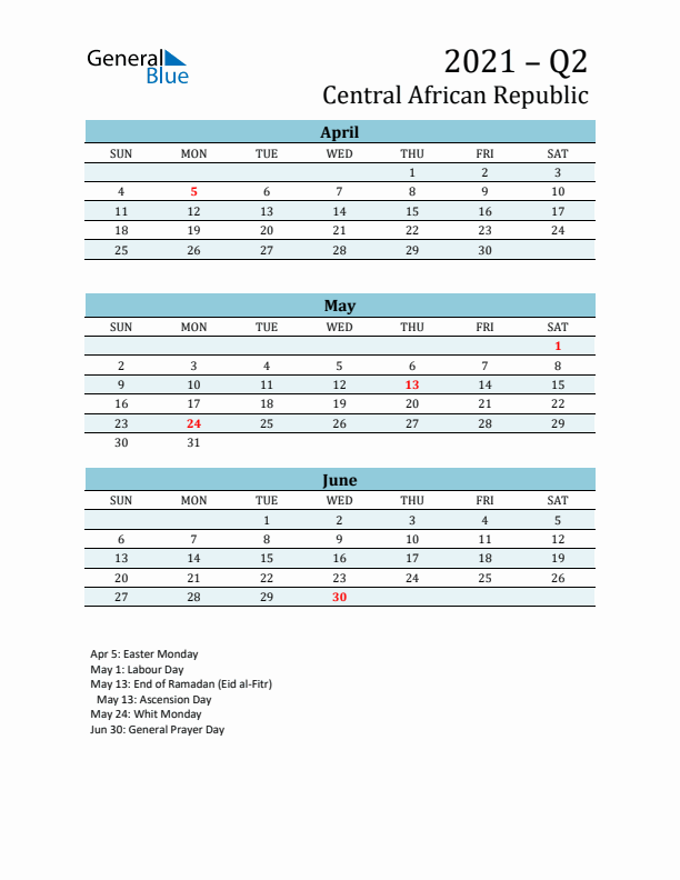 Three-Month Planner for Q2 2021 with Holidays - Central African Republic