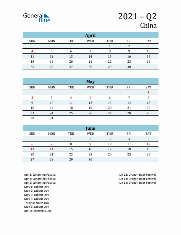 Three-Month Planner for Q2 2021 with Holidays - China