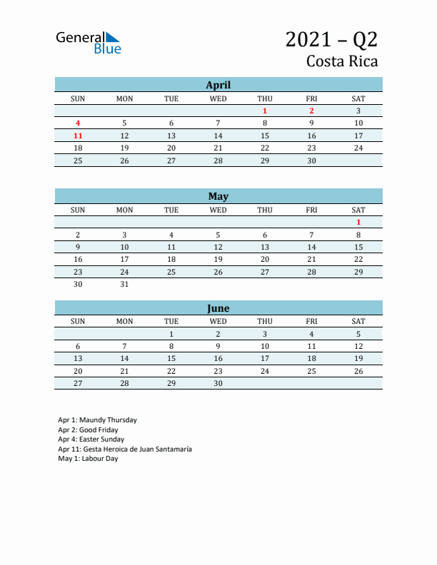 Three-Month Planner for Q2 2021 with Holidays - Costa Rica