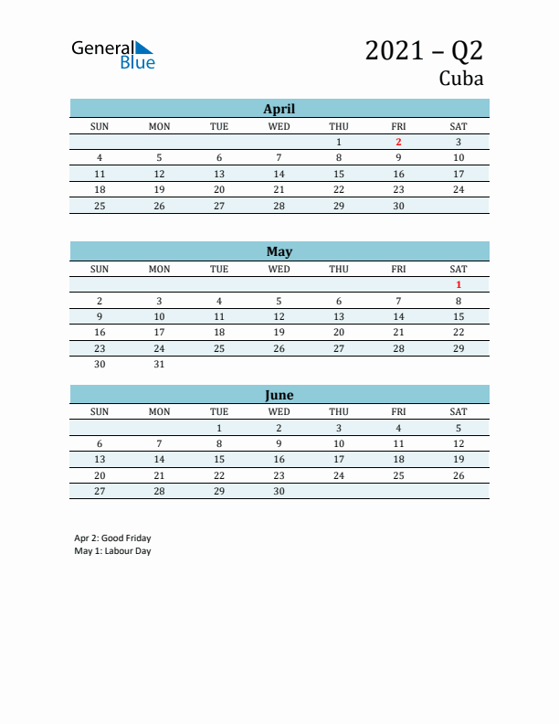 Three-Month Planner for Q2 2021 with Holidays - Cuba