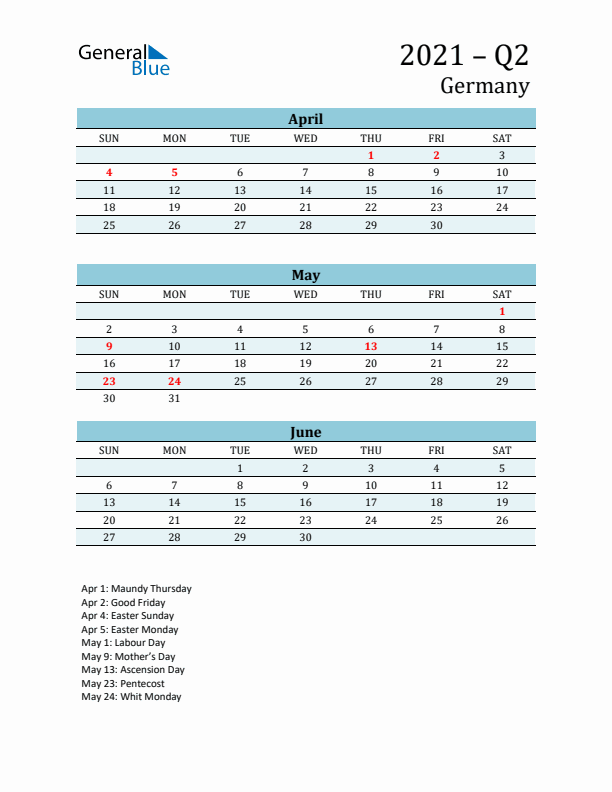 Three-Month Planner for Q2 2021 with Holidays - Germany