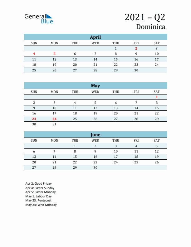 Three-Month Planner for Q2 2021 with Holidays - Dominica