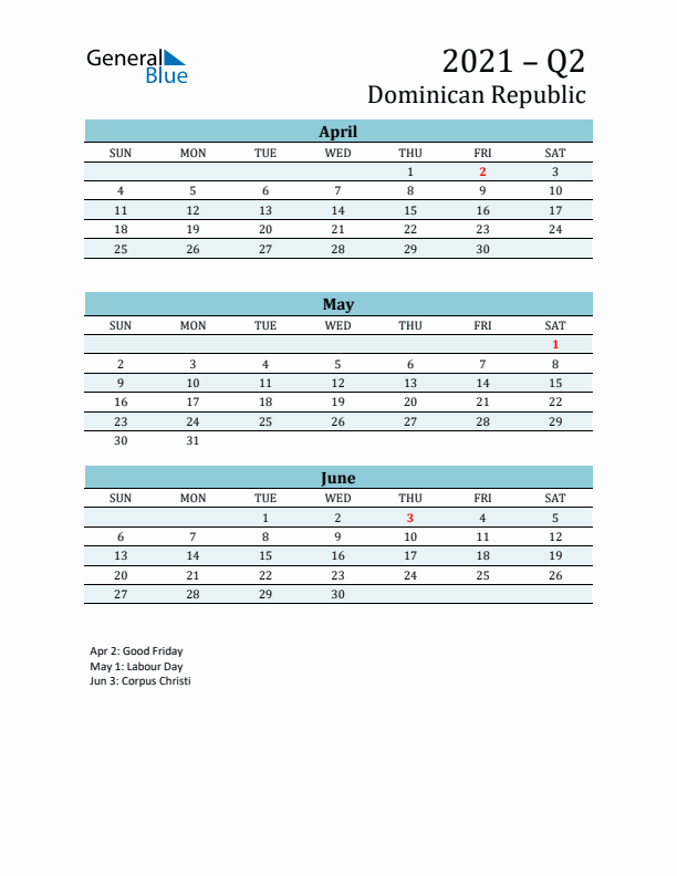 Three-Month Planner for Q2 2021 with Holidays - Dominican Republic