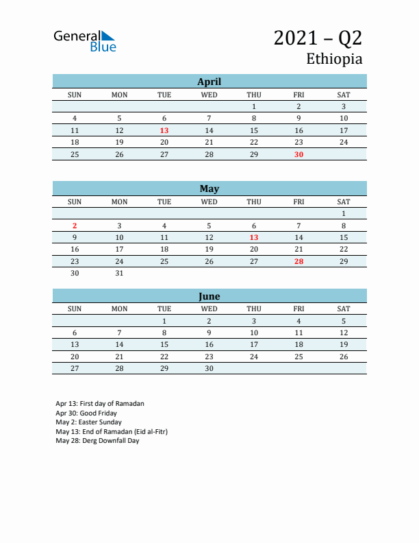 Three-Month Planner for Q2 2021 with Holidays - Ethiopia