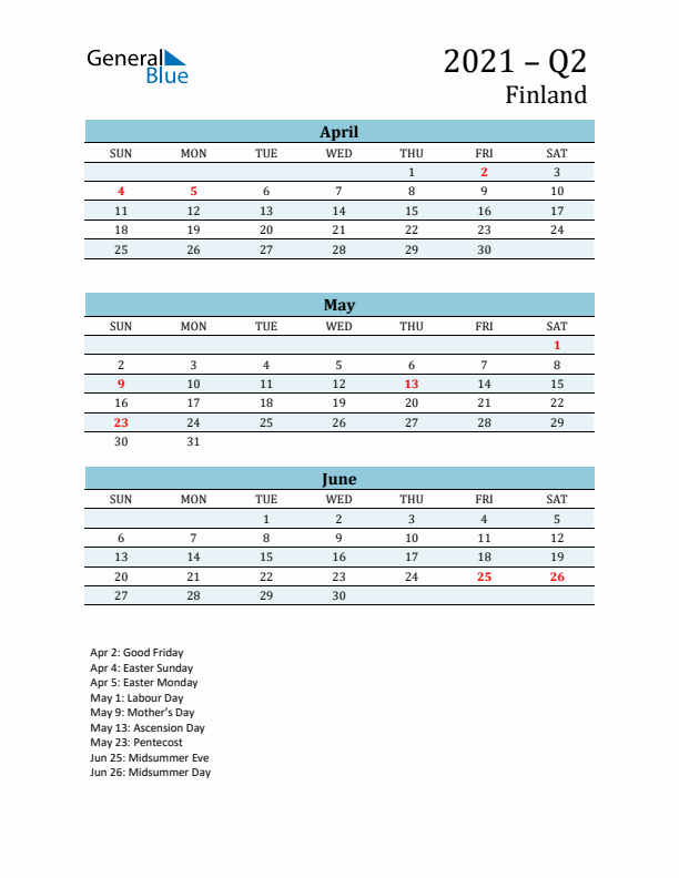 Three-Month Planner for Q2 2021 with Holidays - Finland