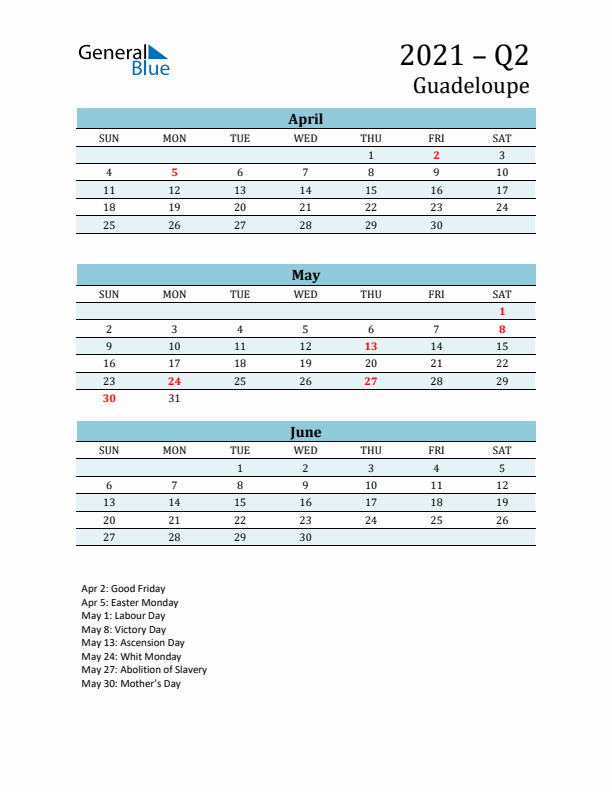 Three-Month Planner for Q2 2021 with Holidays - Guadeloupe