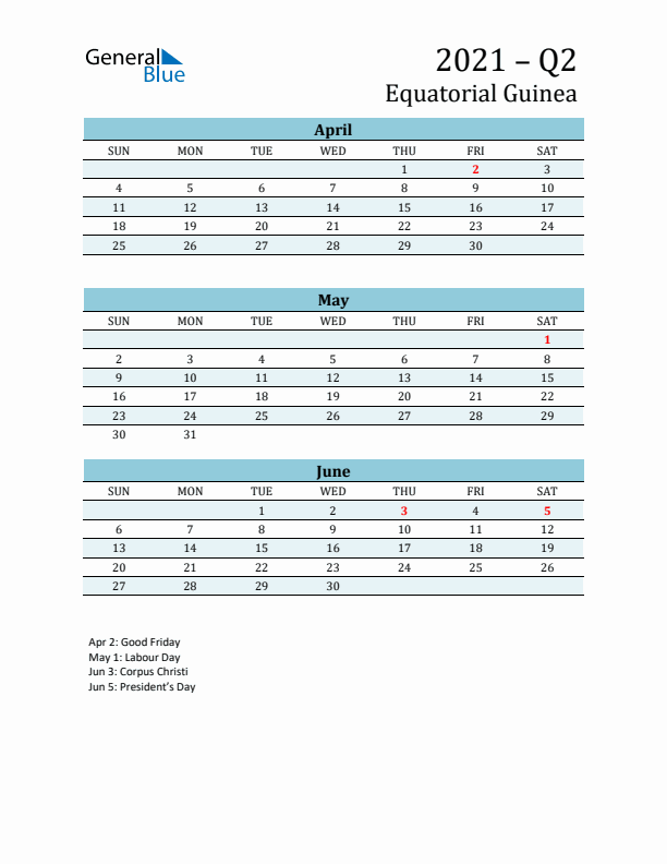 Three-Month Planner for Q2 2021 with Holidays - Equatorial Guinea