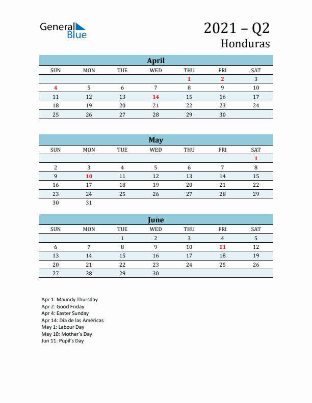 Three-Month Planner for Q2 2021 with Holidays - Honduras