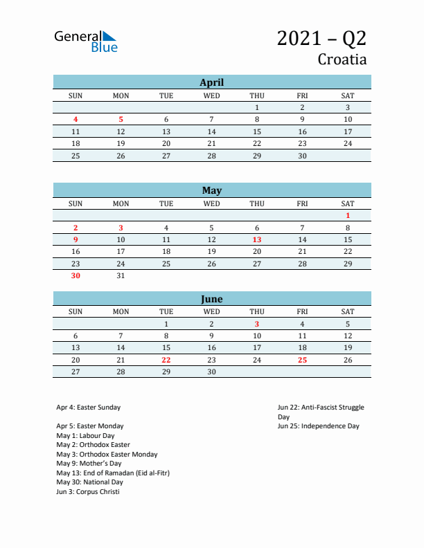 Three-Month Planner for Q2 2021 with Holidays - Croatia