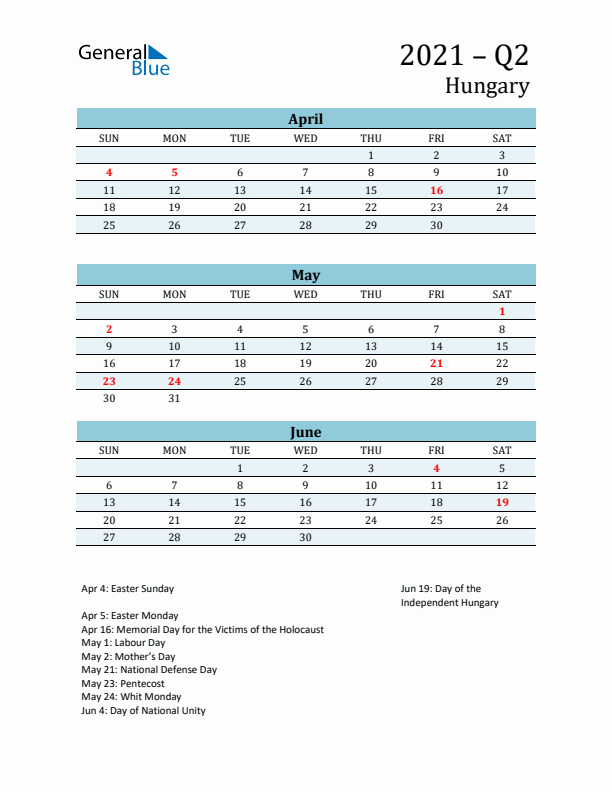 Three-Month Planner for Q2 2021 with Holidays - Hungary