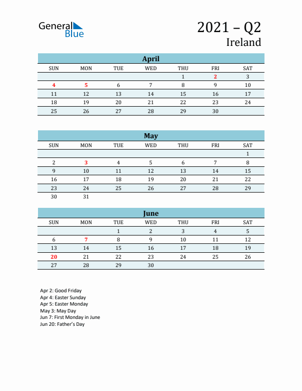 Three-Month Planner for Q2 2021 with Holidays - Ireland