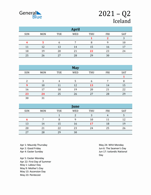 Three-Month Planner for Q2 2021 with Holidays - Iceland