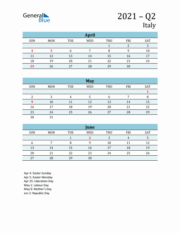 Three-Month Planner for Q2 2021 with Holidays - Italy