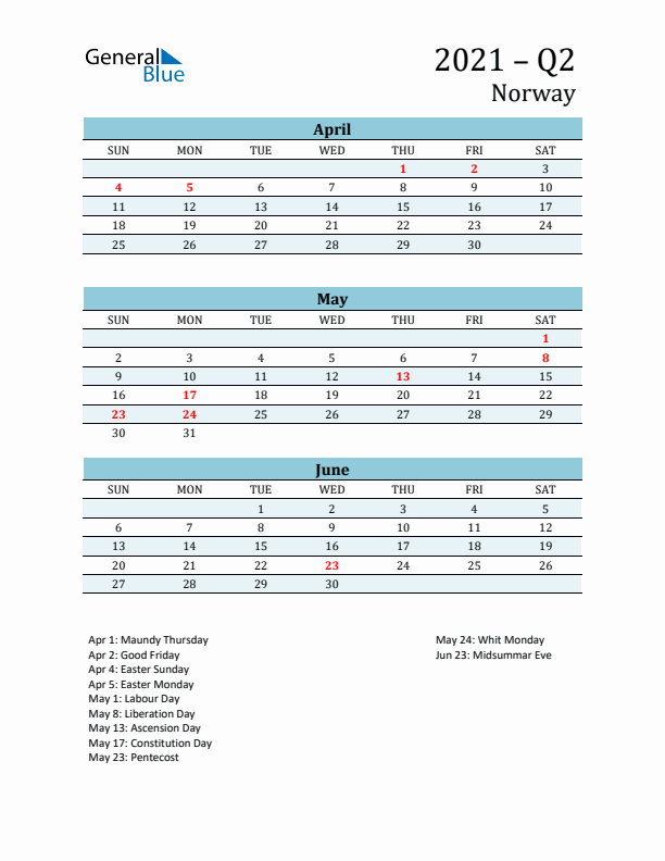 Three-Month Planner for Q2 2021 with Holidays - Norway